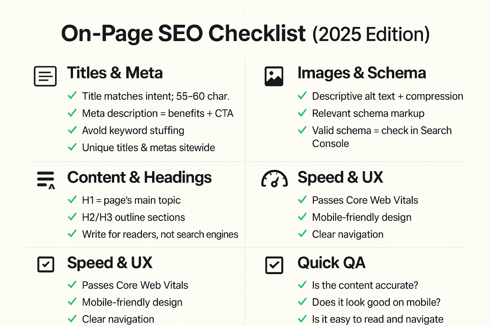 On-Page SEO Checklist 2025 infographic showing key best practices for titles, meta descriptions, headings, URLs, internal linking, images, schema, speed, and UX.